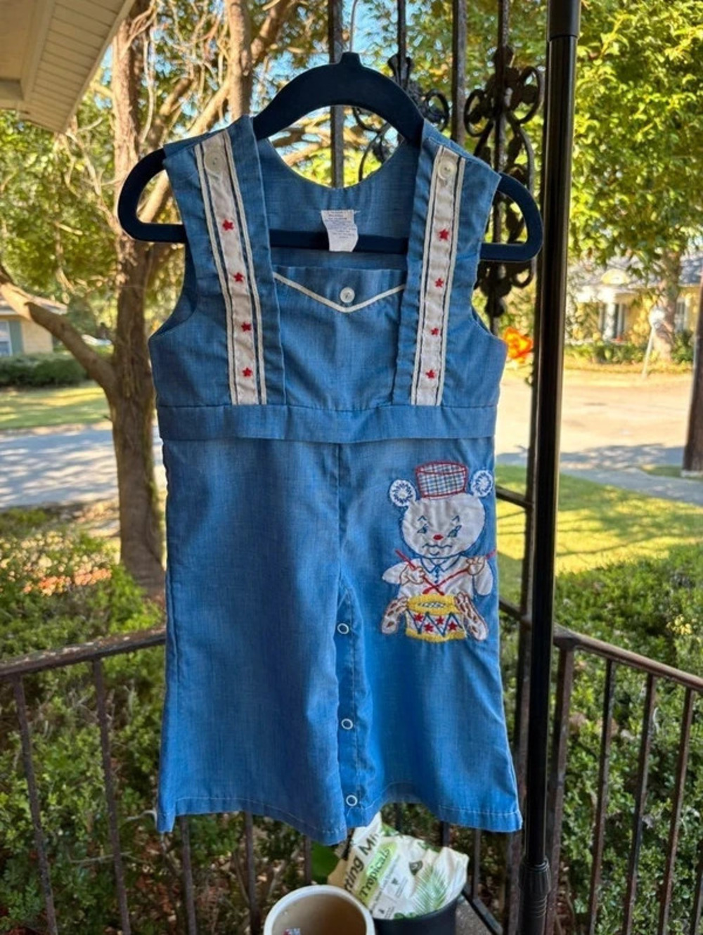 Vintage Baby Blue Chambray Drummer Bear Romper Size 12 Months 1970s